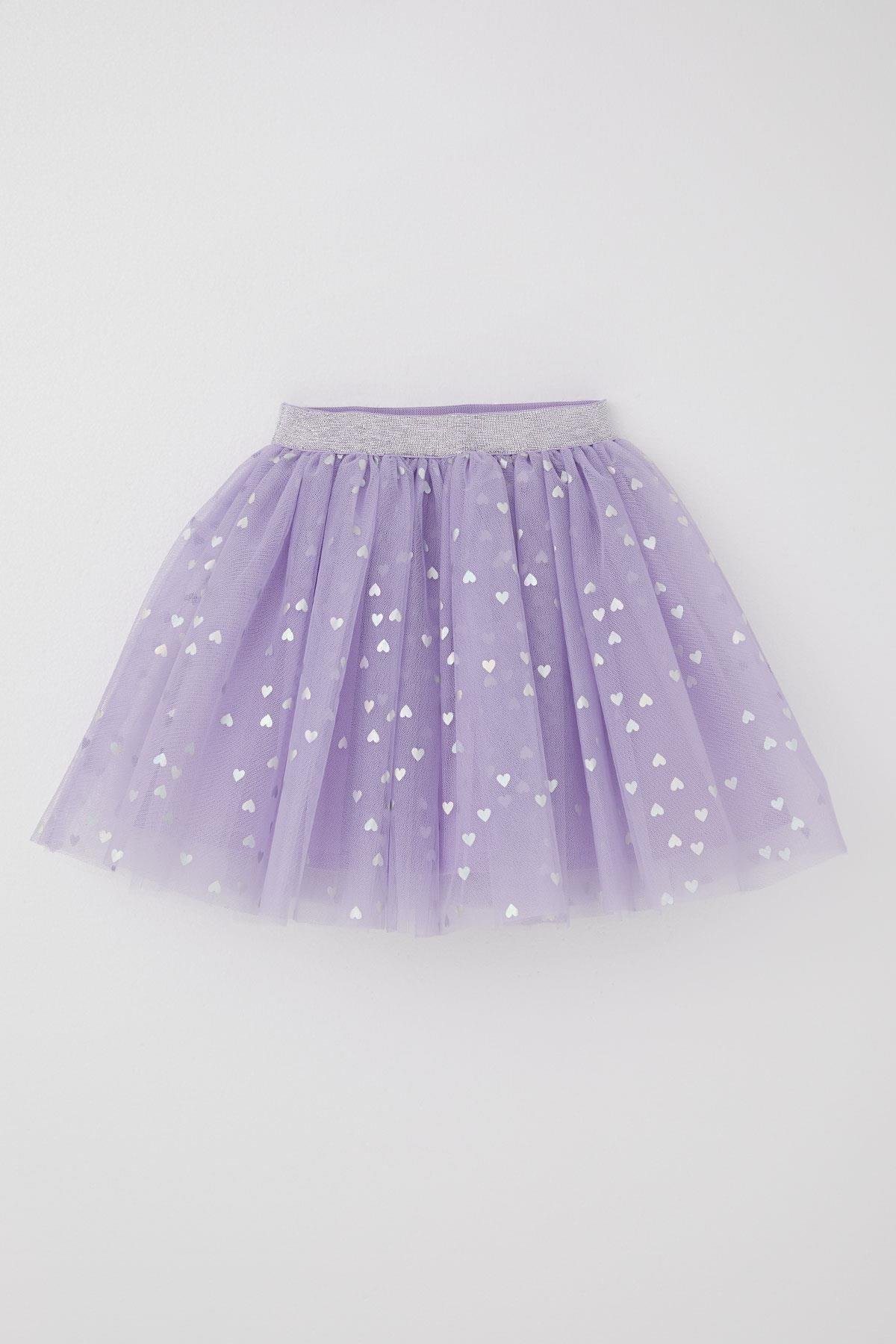 Breeze Kız Çocuk Tütü Etek Simli Kalp Desenli Beli Lastikli Lila (9-10 Yaş)