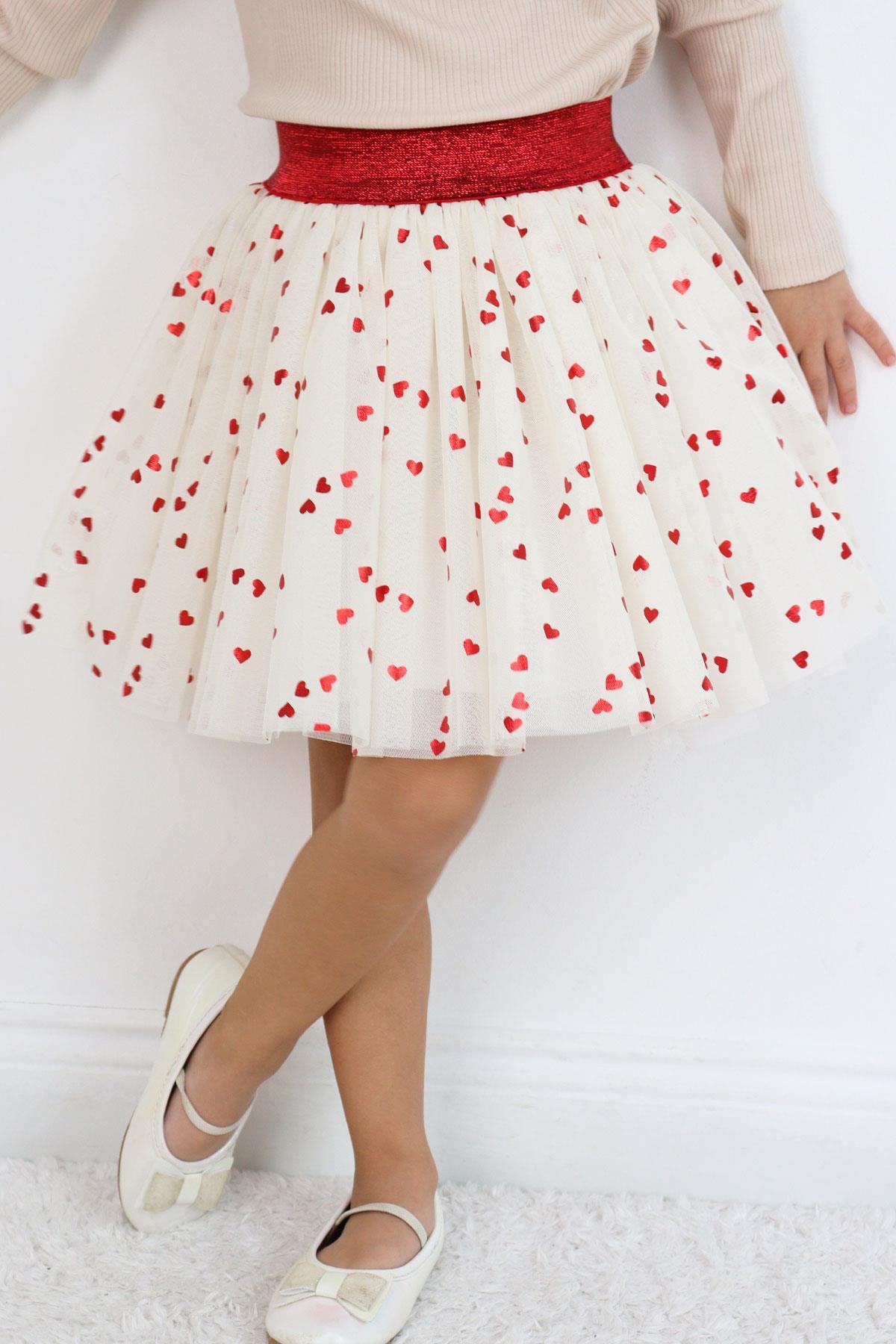 Breeze Kız Çocuk Tütü Etek Simli Kalp Desenli Beli Lastikli Ekru (5-10 Yaş)