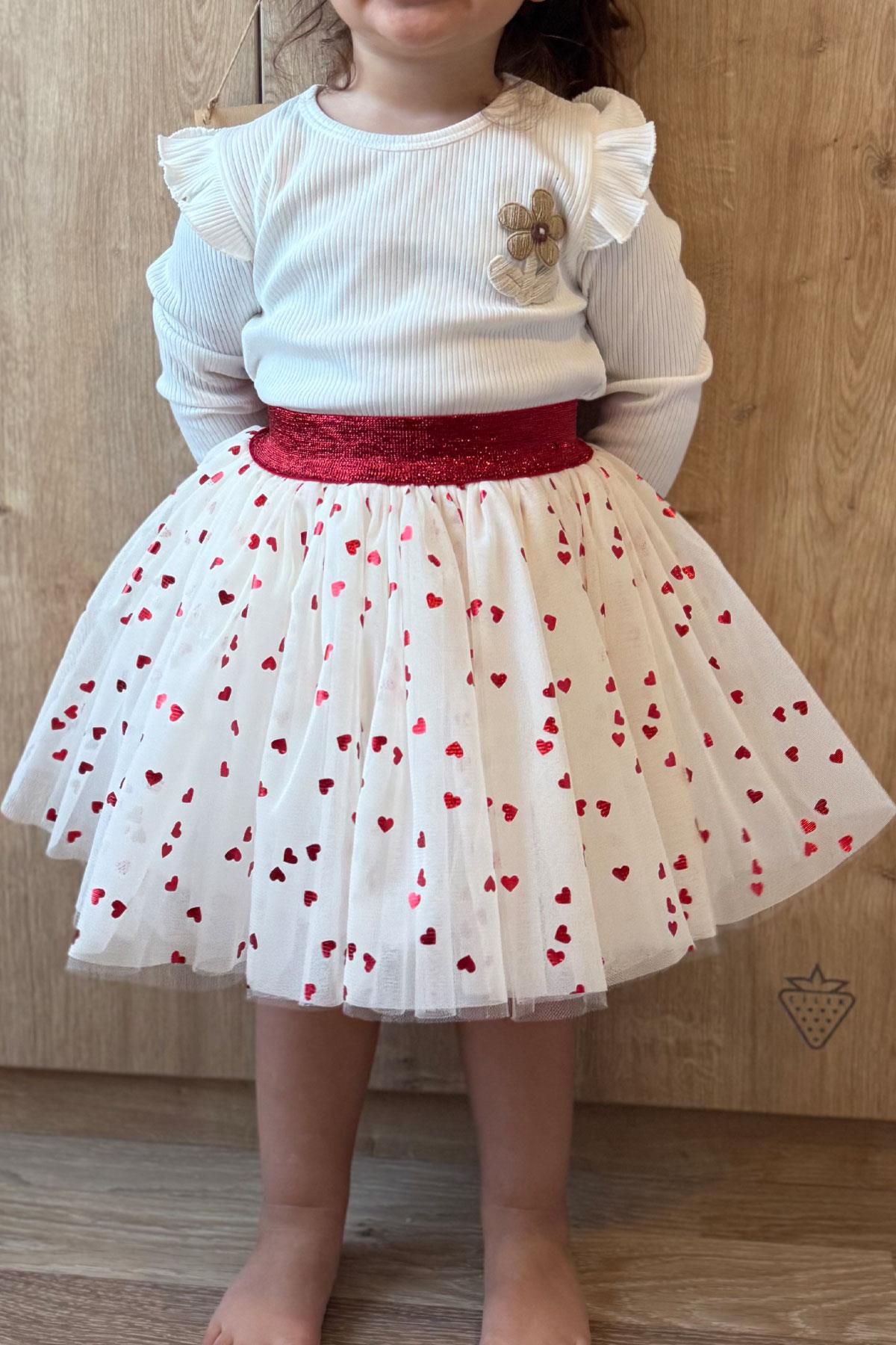 Breeze Kız Çocuk Tütü Etek Simli Kalp Desenli Beli Lastikli Ekru (5-10 Yaş)