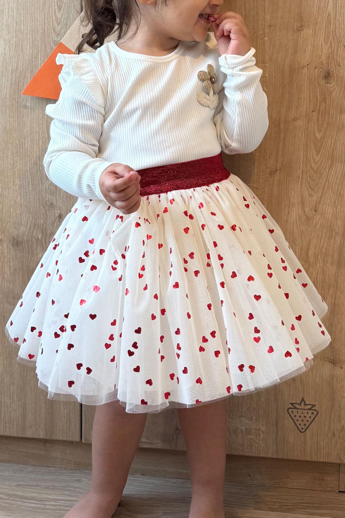 Breeze Kız Çocuk Tütü Etek Simli Kalp Desenli Beli Lastikli Ekru (5-10 Yaş)