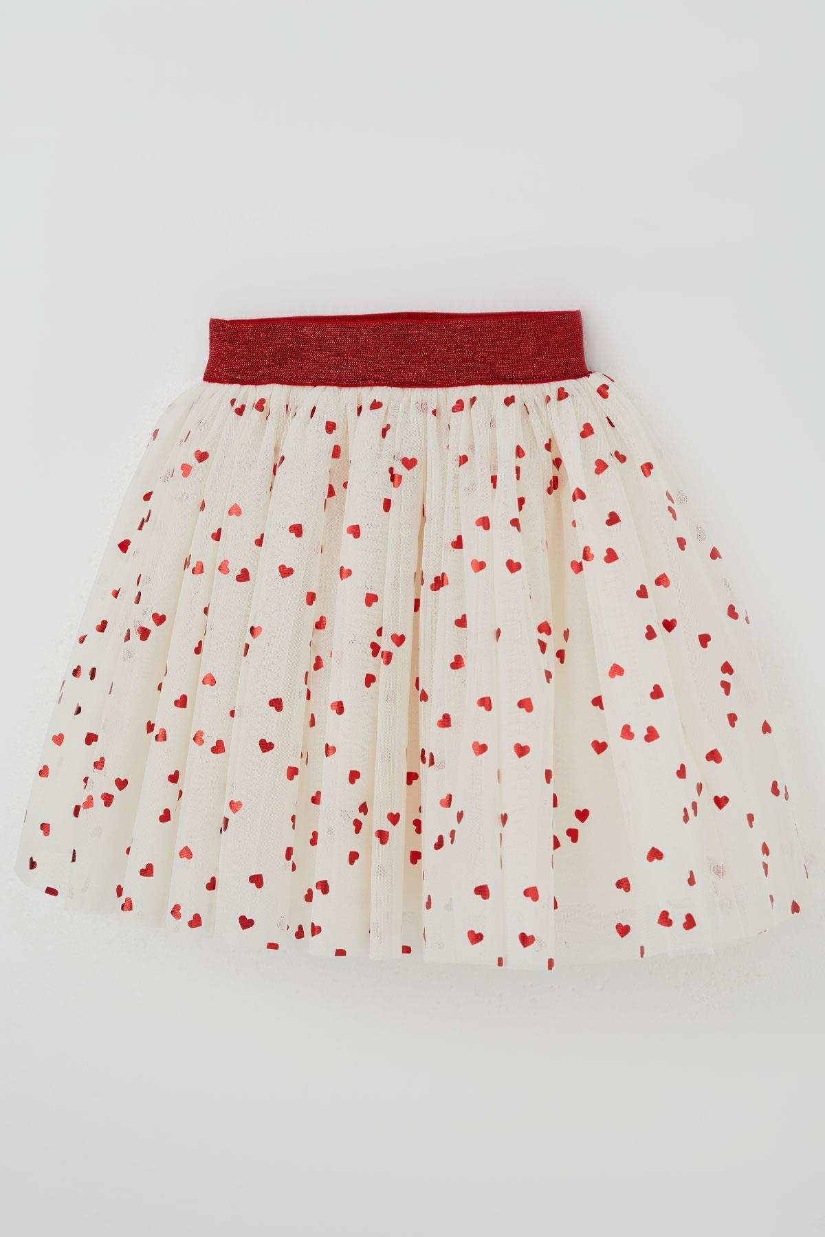 Breeze Kız Çocuk Tütü Etek Simli Kalp Desenli Beli Lastikli Ekru (5-10 Yaş)