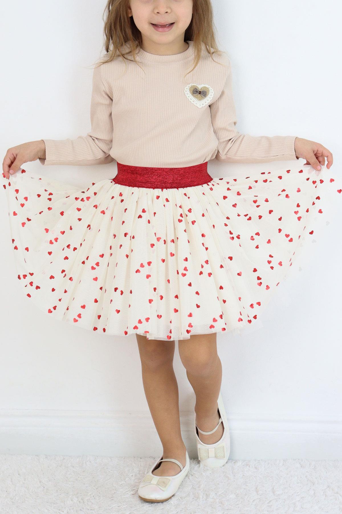 Breeze Kız Çocuk Tütü Etek Simli Kalp Desenli Beli Lastikli Ekru (5-10 Yaş)