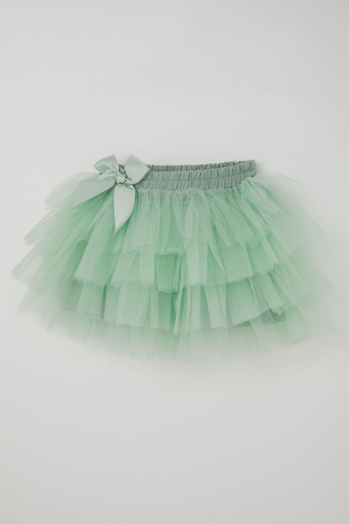 Breeze Kız Çocuk Tütü Etek Tül Detaylı Katlı Fiyonk Aksesuarlı Su Yeşili (4-8 Yaş)