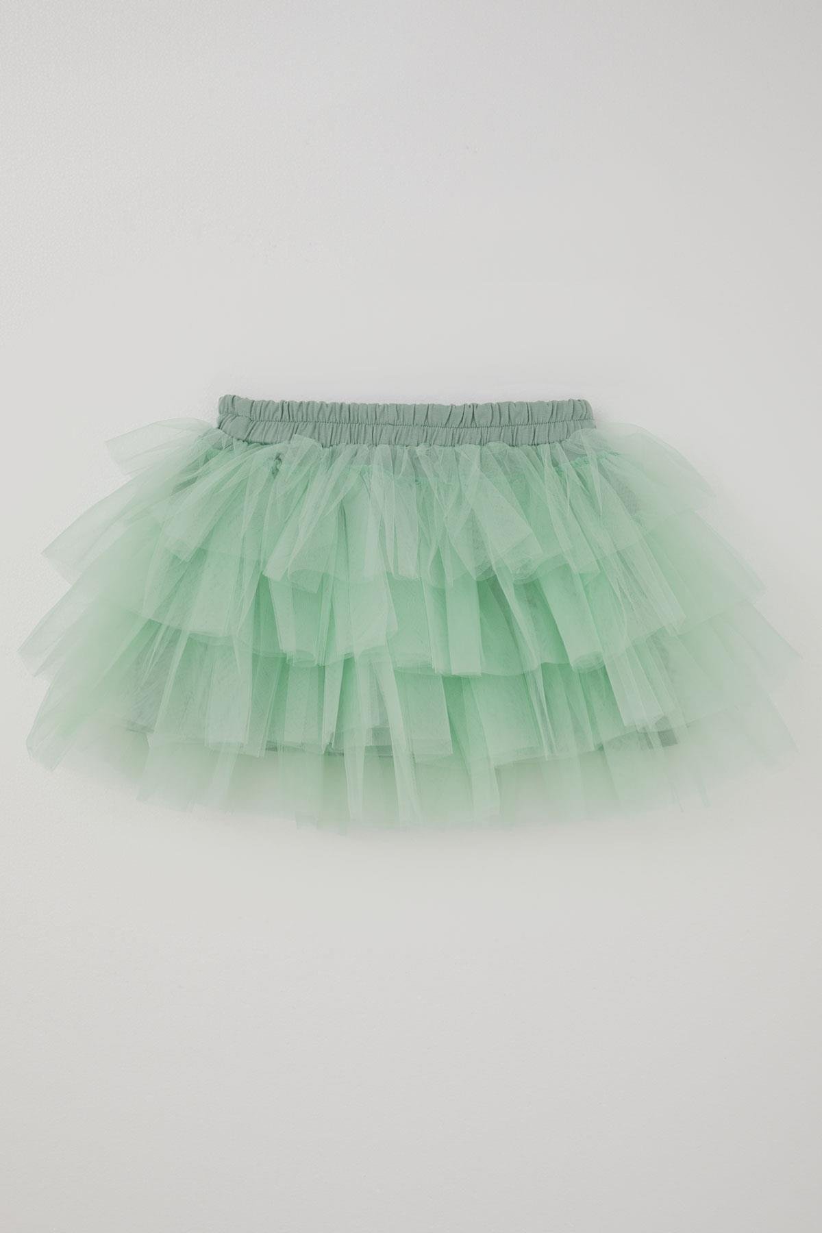 Breeze Kız Çocuk Tütü Etek Tül Detaylı Katlı Fiyonk Aksesuarlı Su Yeşili (4-8 Yaş)