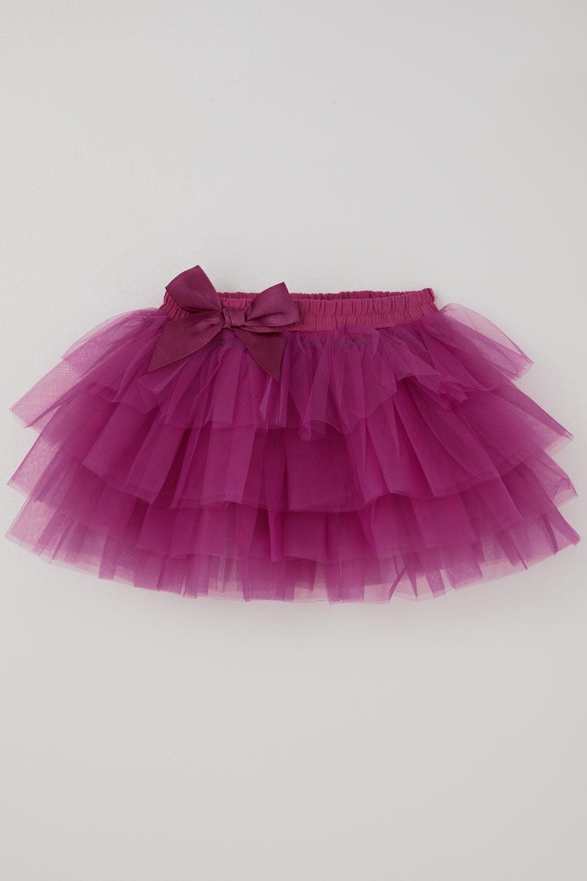 Breeze Kız Çocuk Tütü Etek Tül Detaylı Katlı Fiyonk Aksesuarlı Fuşya (4-8 Yaş)