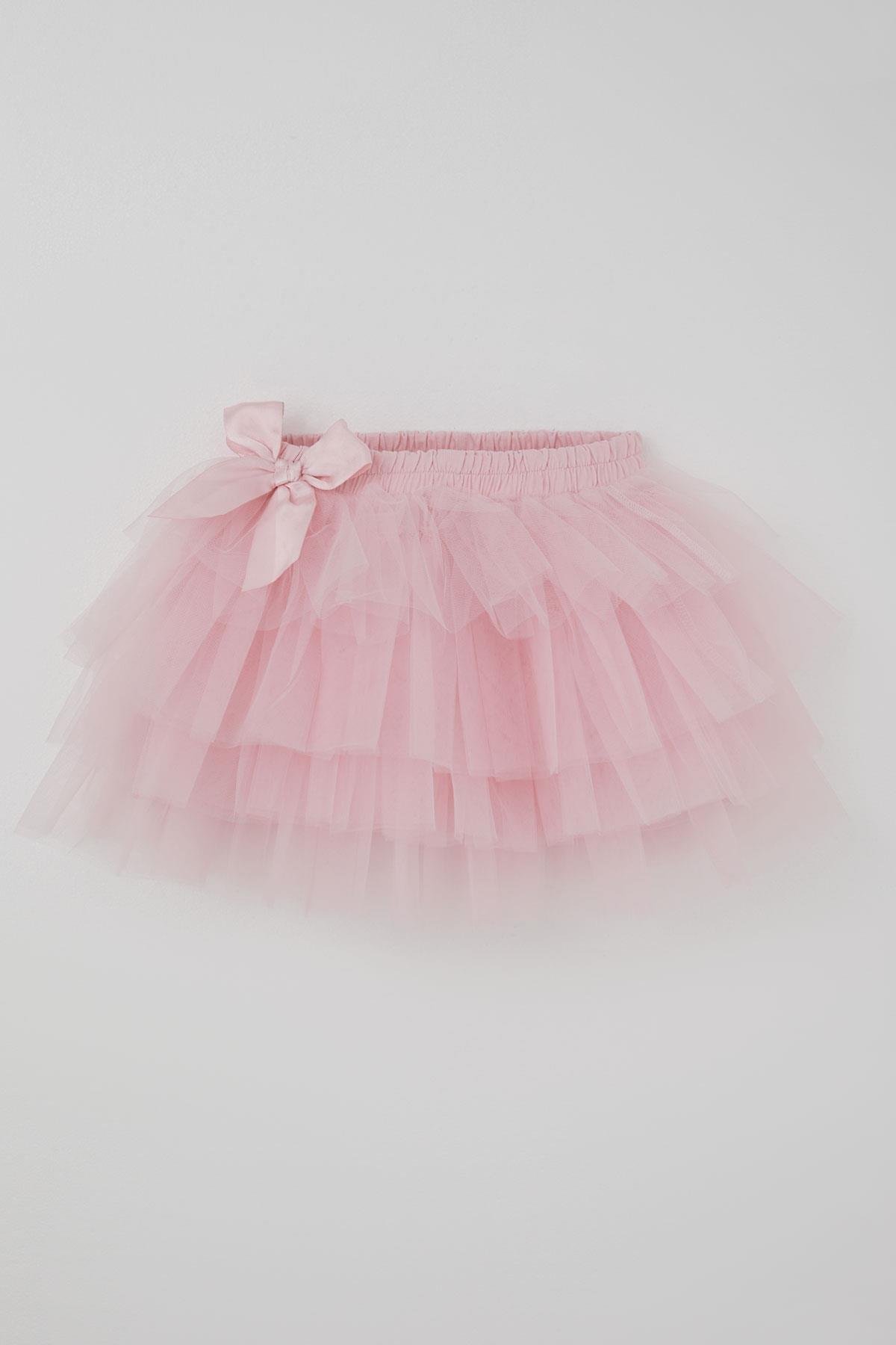 Breeze Kız Çocuk Tütü Etek Tül Detaylı Katlı Fiyonk Aksesuarlı Pembe (4-8 Yaş)
