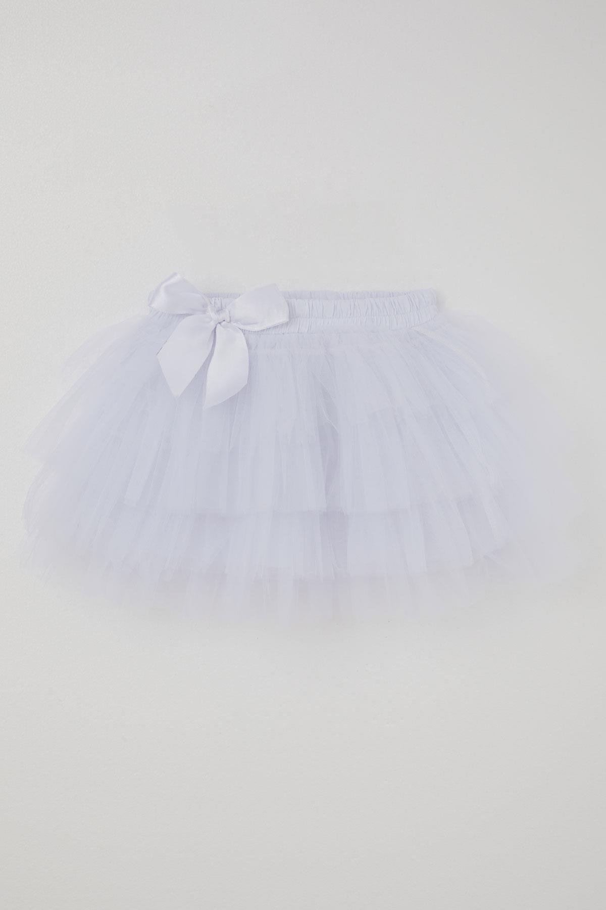 Breeze Kız Çocuk Tütü Etek Tül Detaylı Katlı Fiyonk Aksesuarlı Beyaz (4-8 Yaş)