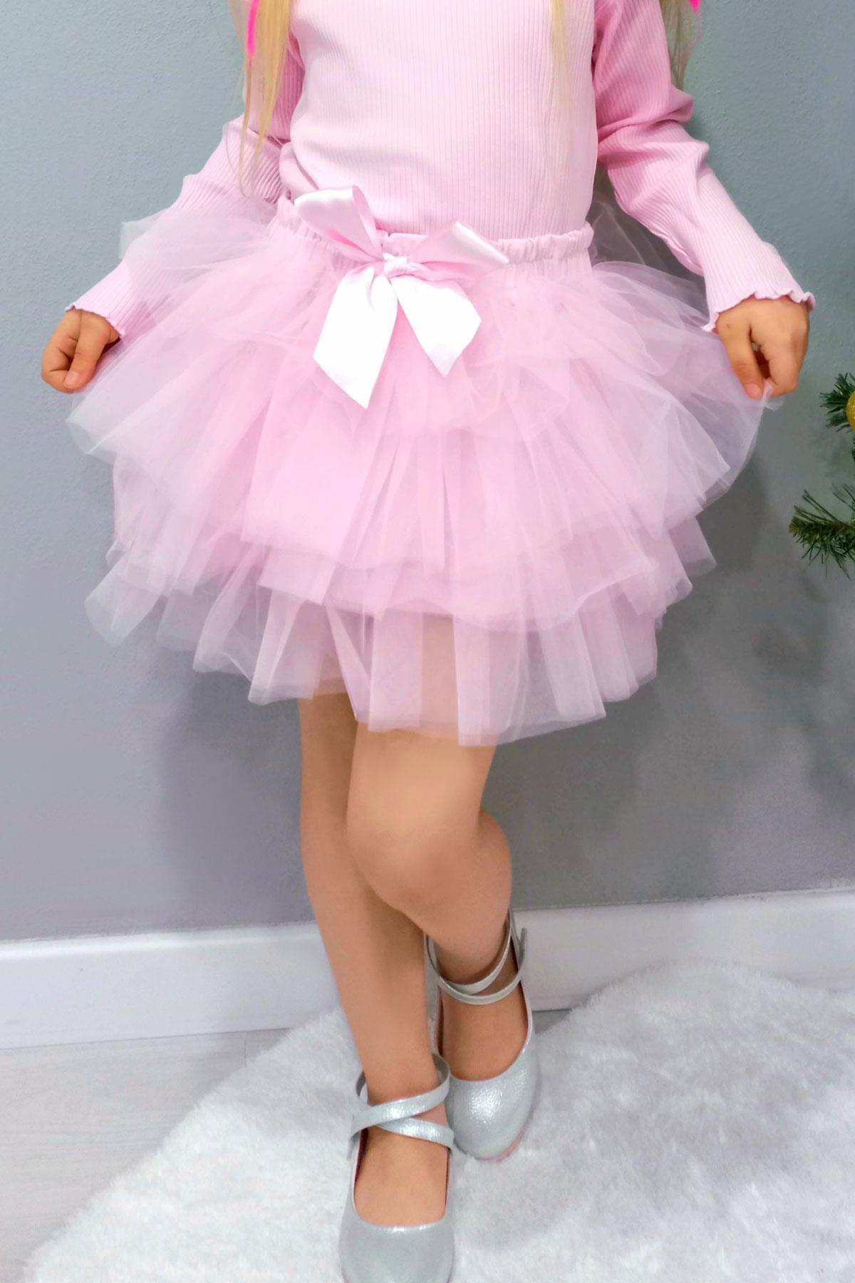 Breeze Kız Çocuk Tütü Etek Tül Detaylı Katlı Fiyonk Aksesuarlı Pembe (4-8 Yaş)