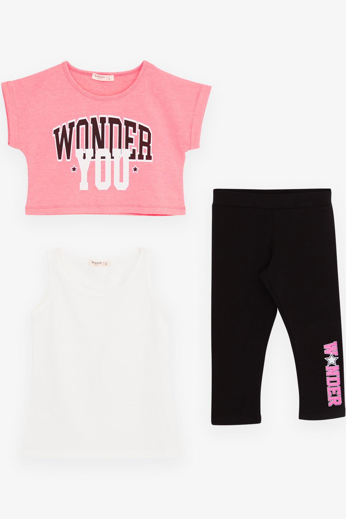 Breeze Kız Çocuk Üstü Crop 3 lü Kapri Taytlı Takım Neon Pembe (6-12 Yaş)