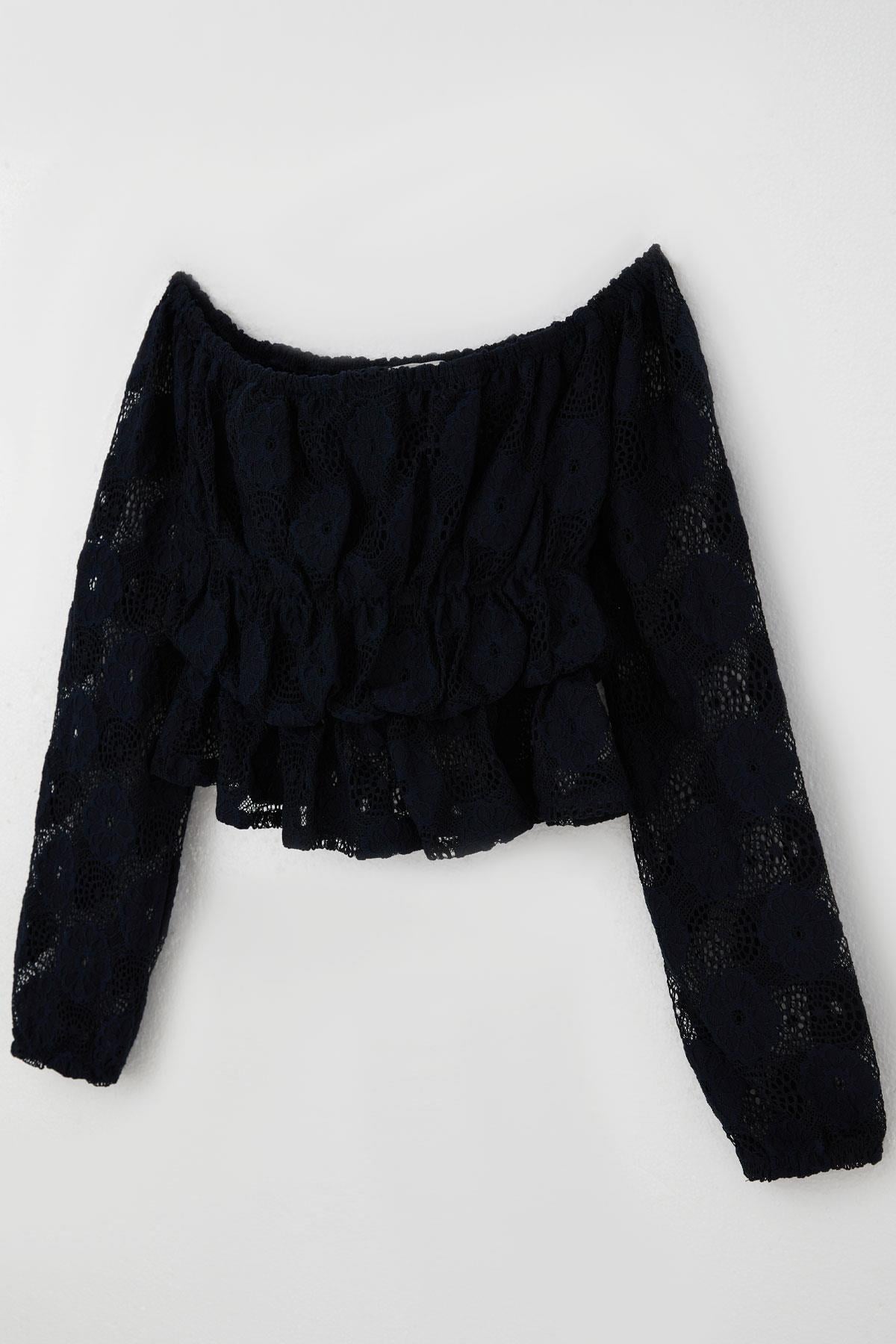 Breeze Kız Çocuk Uzun Kollu Dantelli Crop Bluz Çiçek Motifli Lacivert (9-14 Yaş)