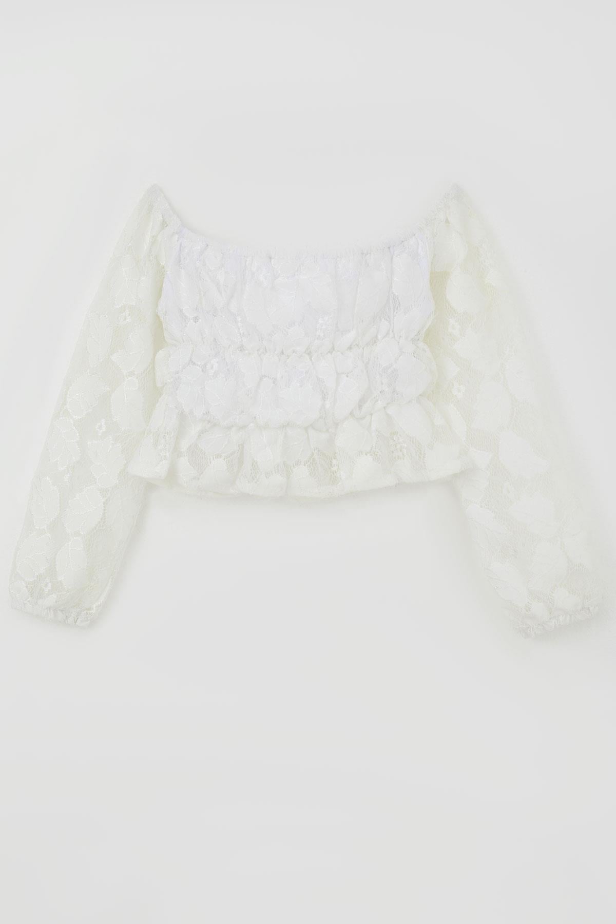 Breeze Kız Çocuk Uzun Kollu Dantelli Crop Bluz Yaprak Desenli Beyaz (9-14 Yaş)