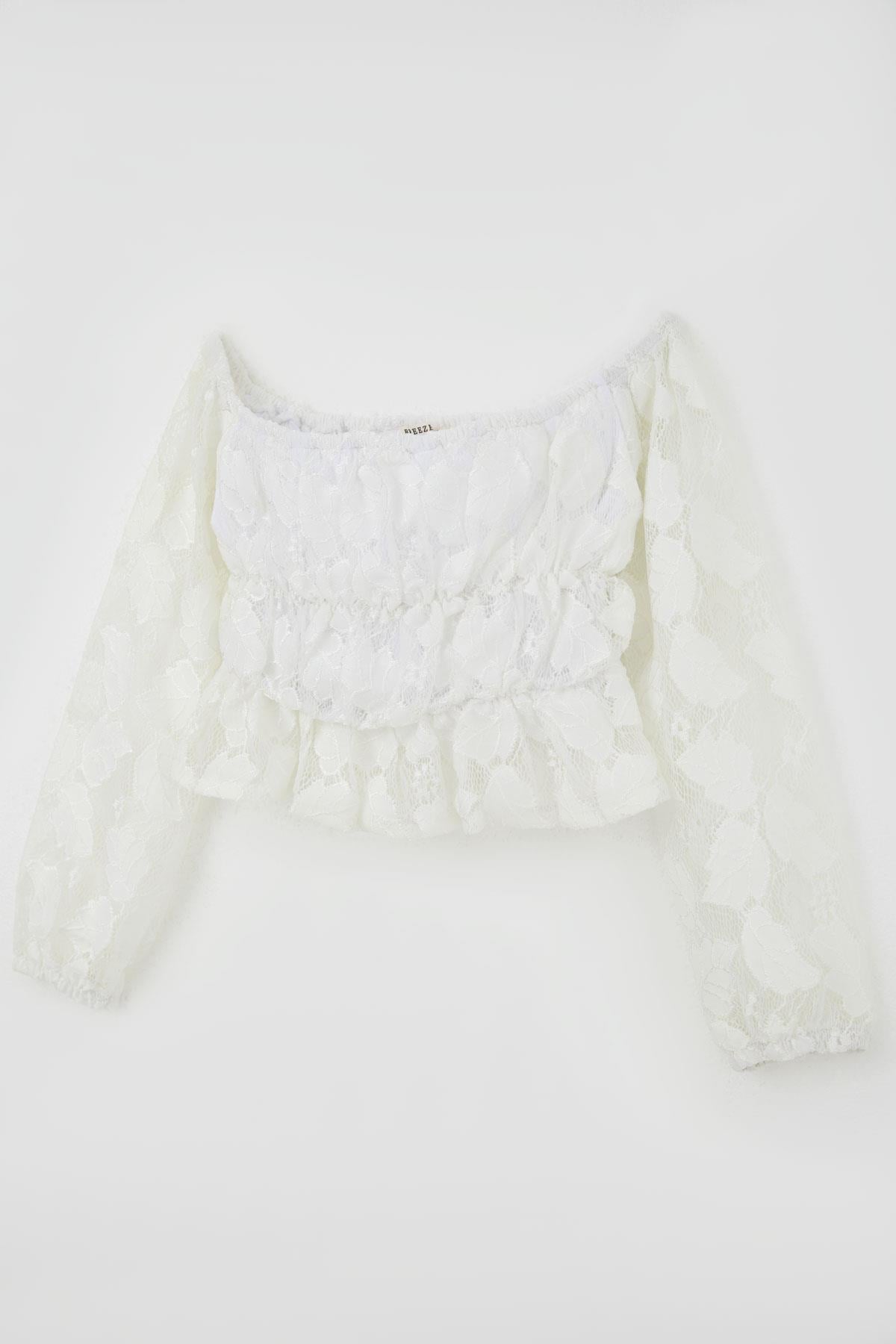 Breeze Kız Çocuk Uzun Kollu Dantelli Crop Bluz Yaprak Desenli Beyaz (9-14 Yaş)