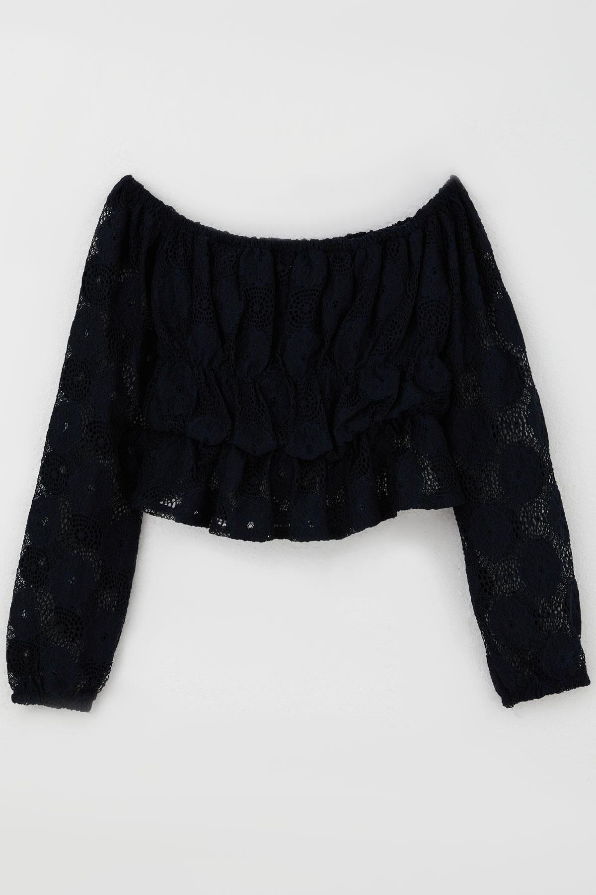 Breeze Kız Çocuk Uzun Kollu Dantelli Crop Bluz Çiçek Motifli Lacivert (9-14 Yaş)