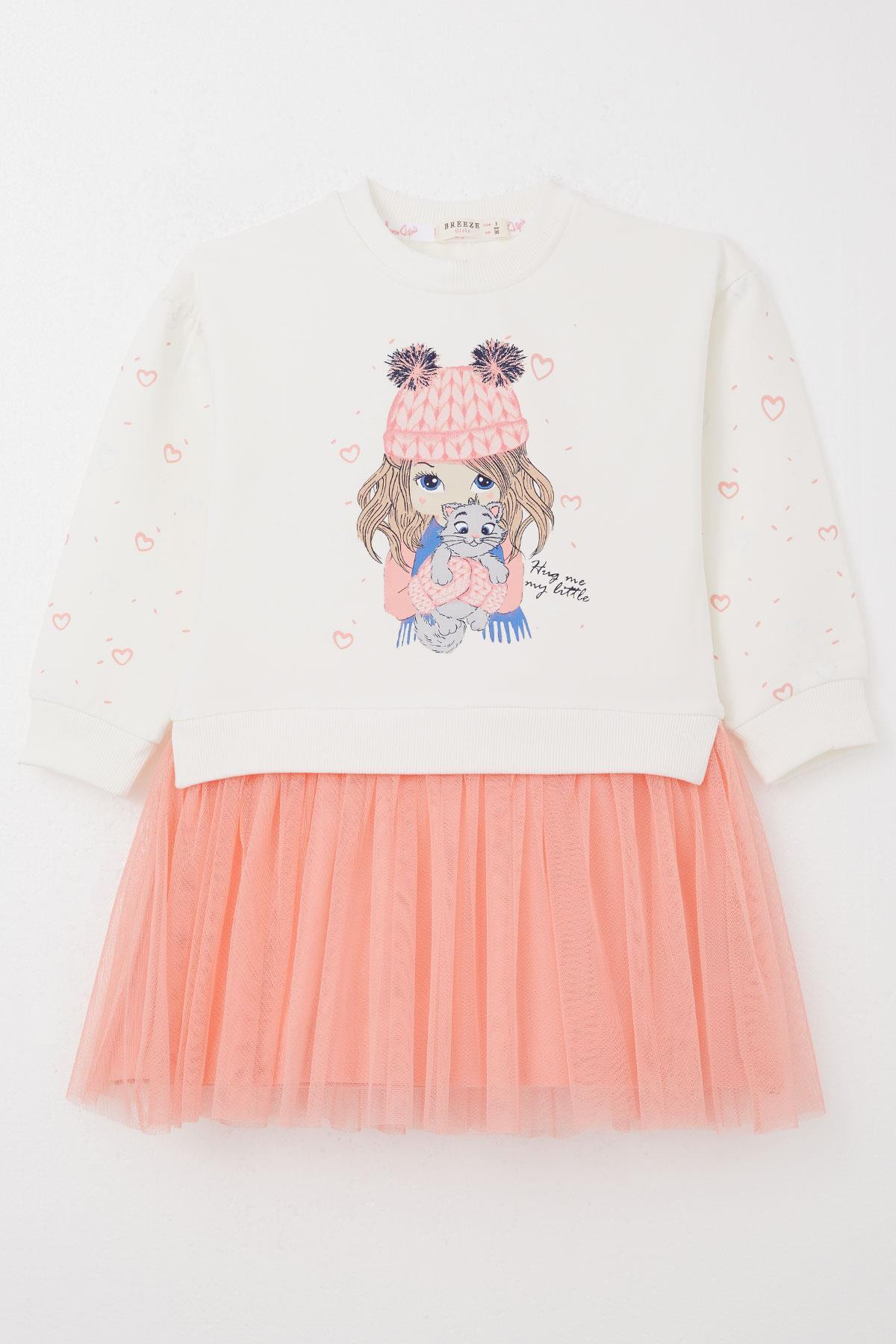 Breeze Kız Çocuk Uzun Kollu Elbise Arkadaş Temalı Kolları Kalp Desenli Ekru (2-6 Yaş)