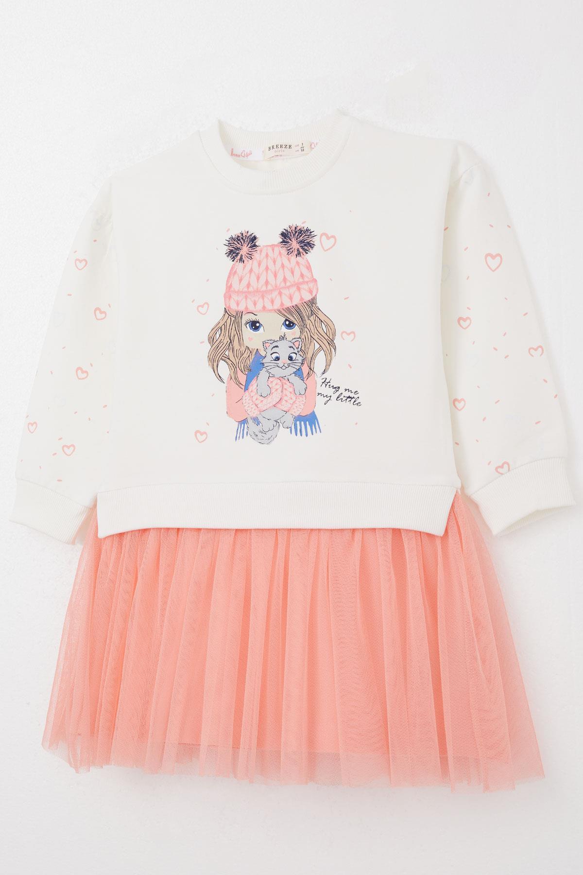 Breeze Kız Çocuk Uzun Kollu Elbise Arkadaş Temalı Kolları Kalp Desenli Ekru (2-6 Yaş)