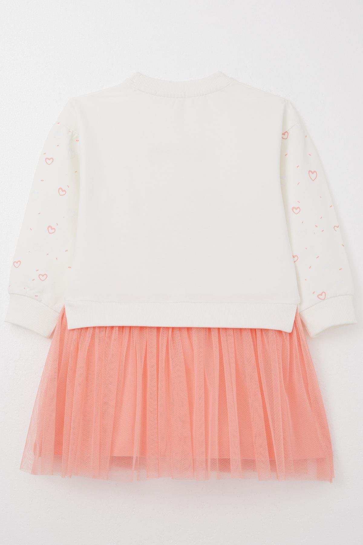 Breeze Kız Çocuk Uzun Kollu Elbise Arkadaş Temalı Kolları Kalp Desenli Ekru (2-6 Yaş)