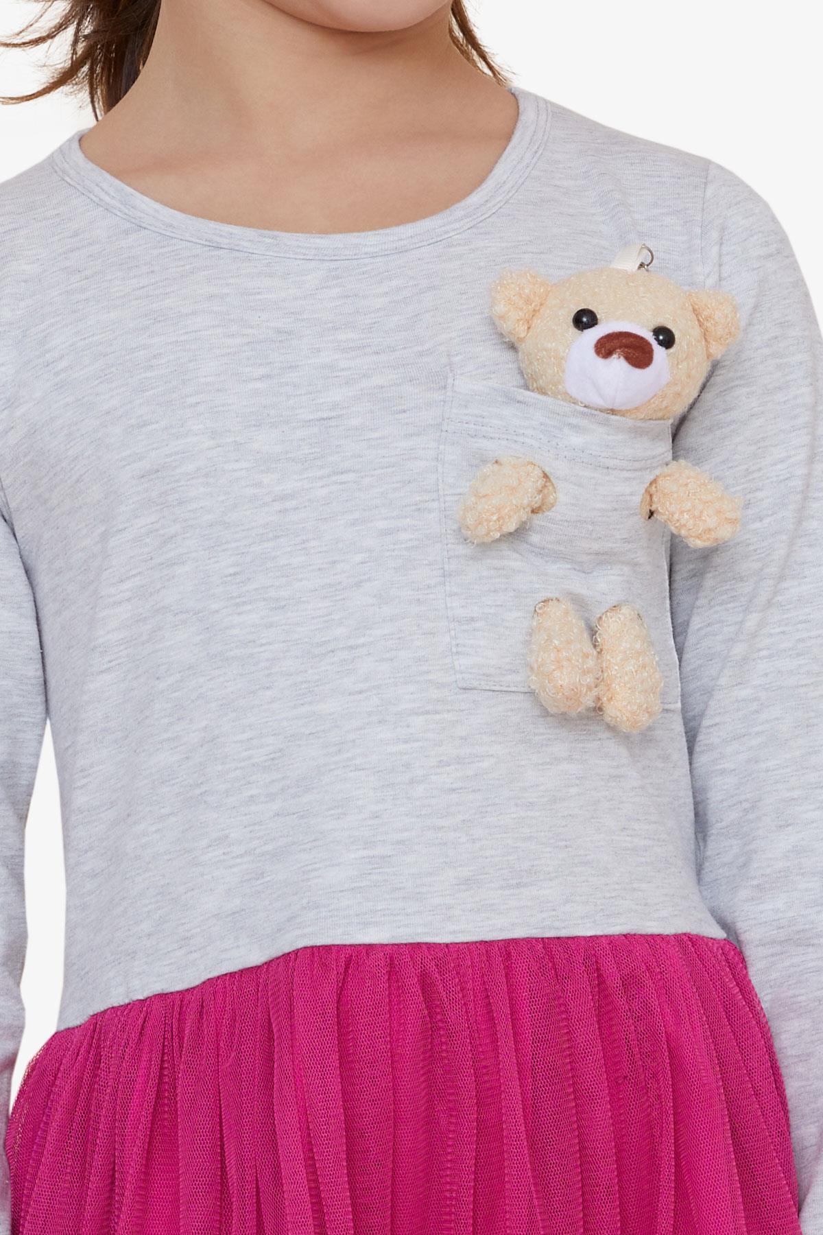 Breeze Kız Çocuk Uzun Kollu Elbise Ayıcık Aksesuarlı Açık Gri Melanj (3-4 Yaş)