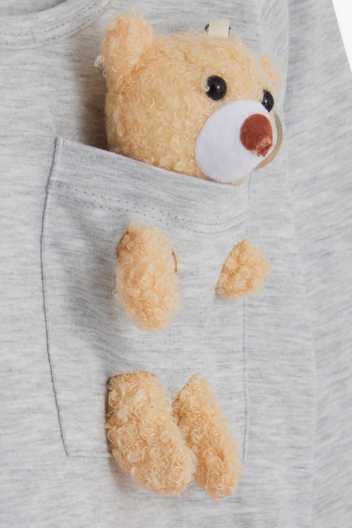 Breeze Kız Çocuk Uzun Kollu Elbise Ayıcık Aksesuarlı Açık Gri Melanj (3 Yaş)