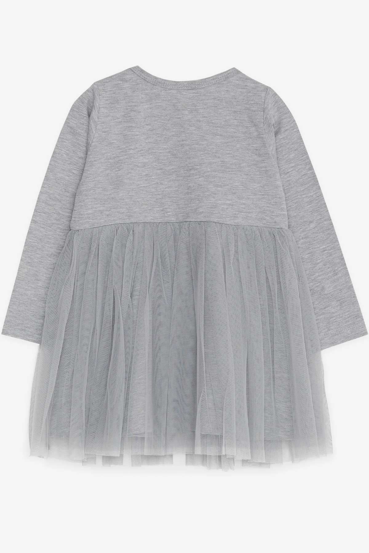 Breeze Kız Çocuk Uzun Kollu Elbise Baskılı Tüllü Gri Melanj (1.5-3 Yaş)