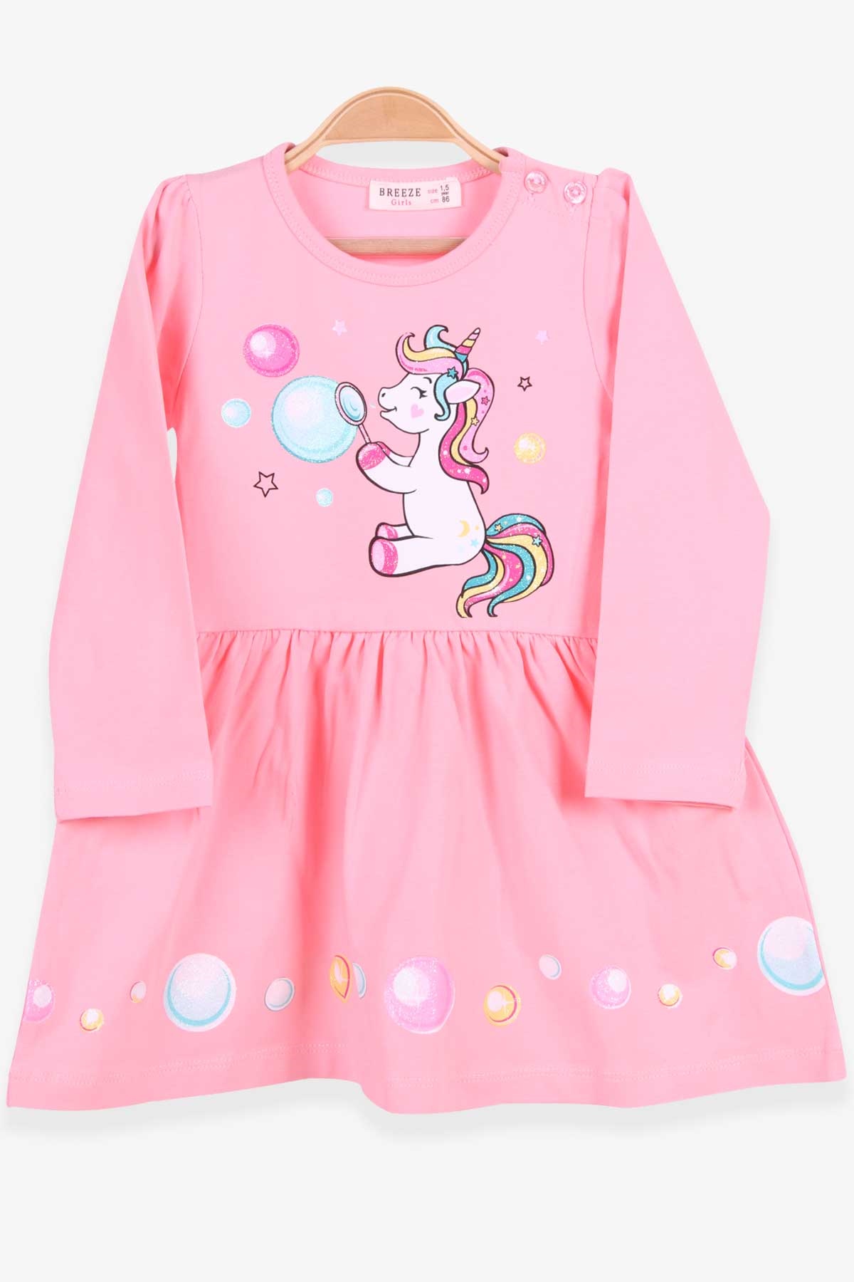 Breeze Kız Çocuk Uzun Kollu Elbise Baskılı Simli Unicorn Pudra (1.5-5 Yaş)