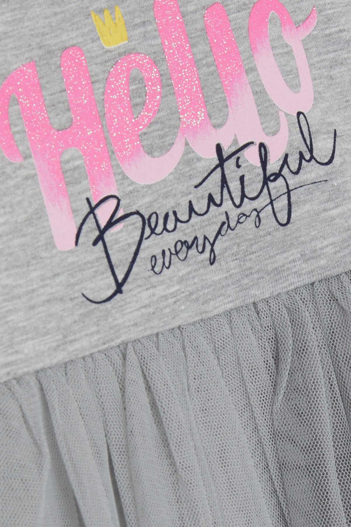 Breeze Kız Çocuk Uzun Kollu Elbise Baskılı Tüllü Gri Melanj (1.5-3 Yaş)