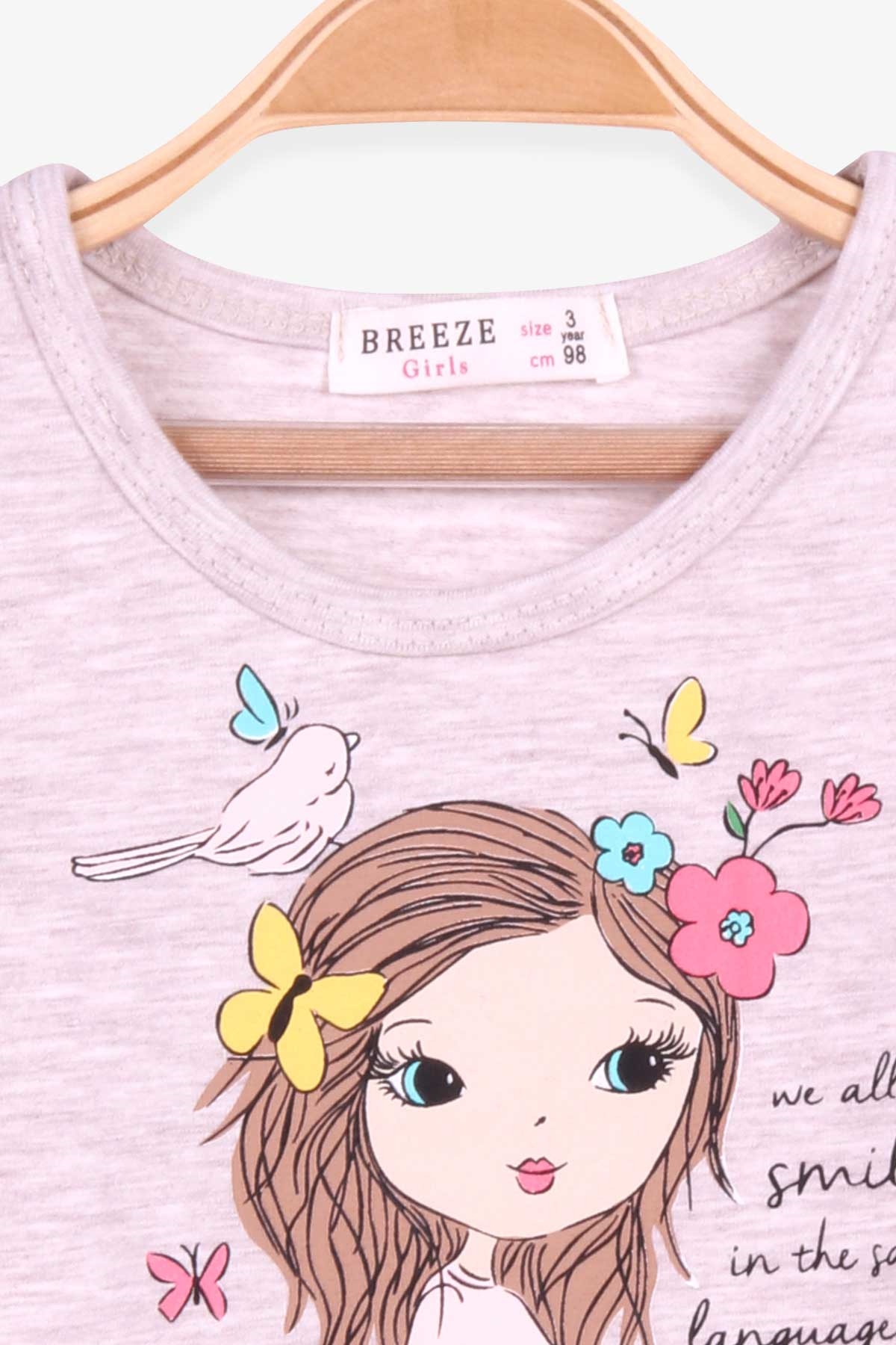 Breeze Kız Çocuk Uzun Kollu Elbise Baskı Desenli Bej Melanj (3-7 Yaş)