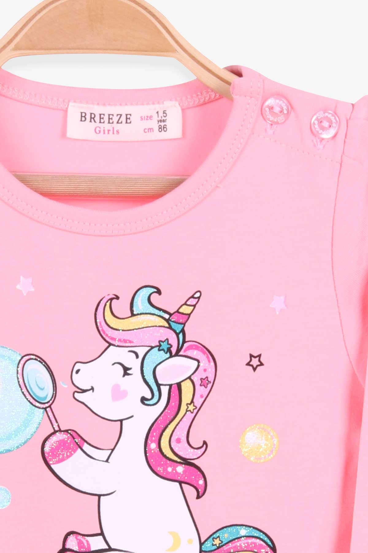 Breeze Kız Çocuk Uzun Kollu Elbise Baskılı Simli Unicorn Pudra (1.5-5 Yaş)