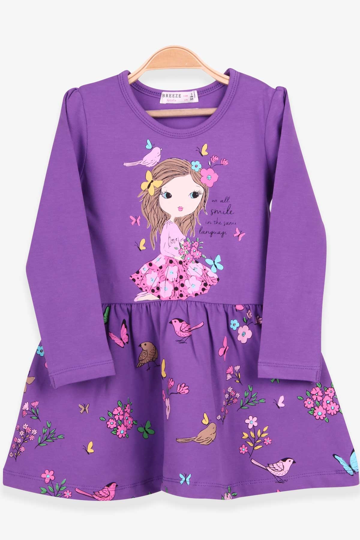 Breeze Kız Çocuk Uzun Kollu Elbise Baskı Desenli Mor (3-7 Yaş)