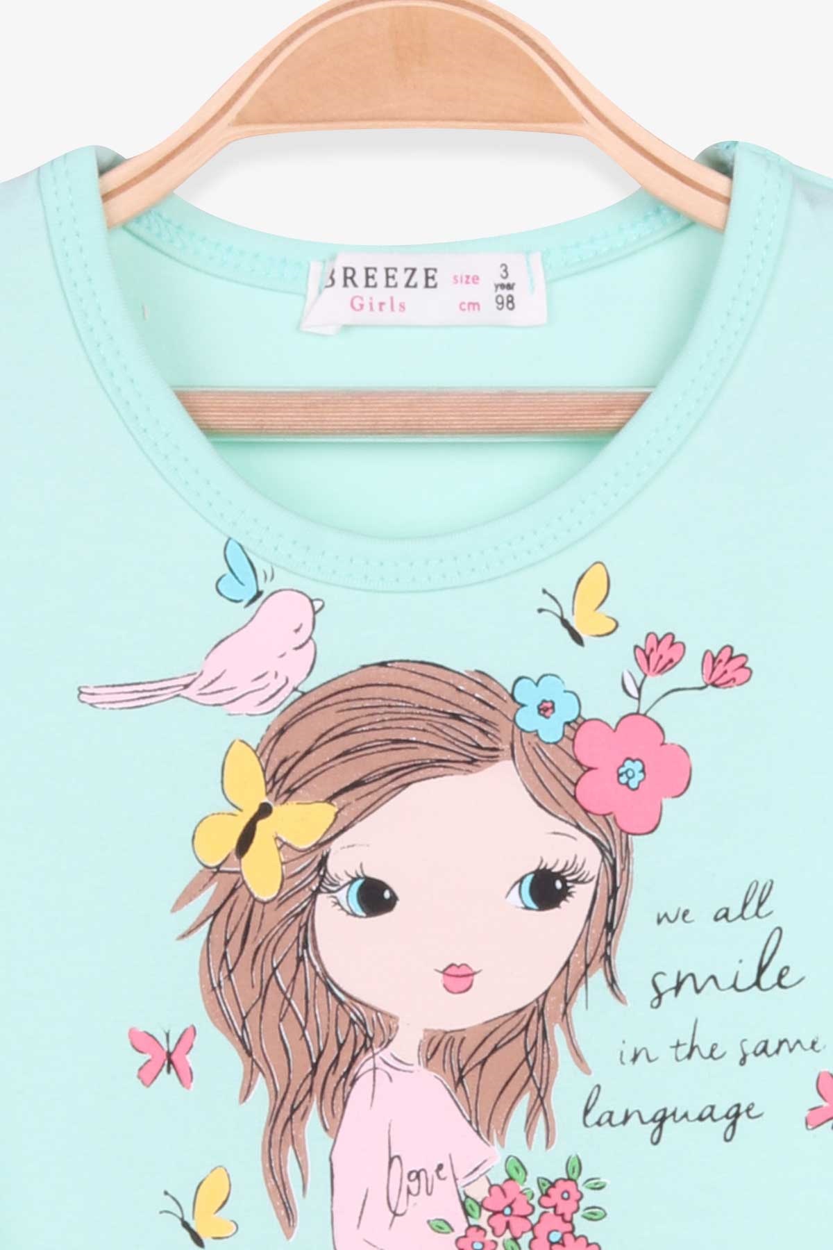Breeze Kız Çocuk Uzun Kollu Elbise Baskı Desenli Su Yeşili (3-7 Yaş)