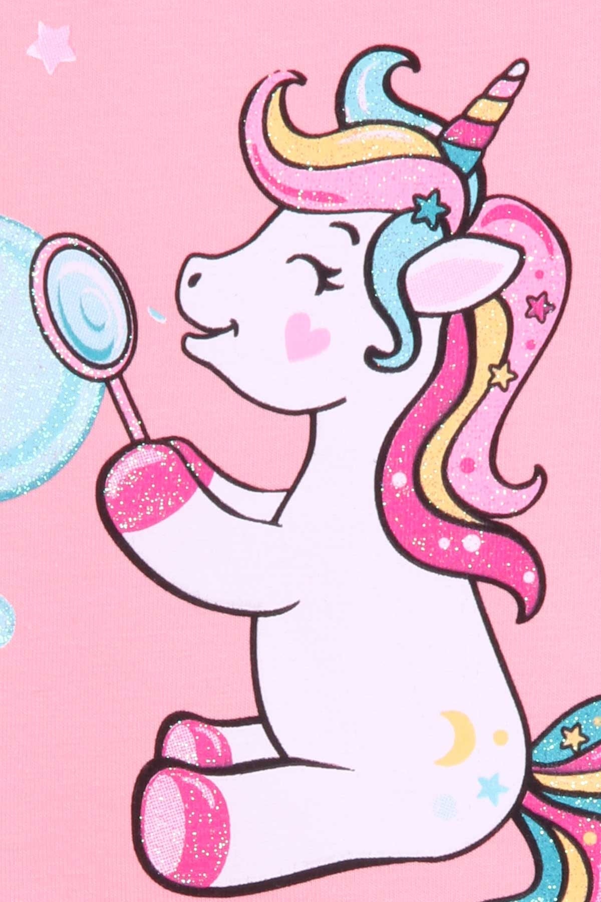 Breeze Kız Çocuk Uzun Kollu Elbise Baskılı Simli Unicorn Pudra (1.5-5 Yaş)