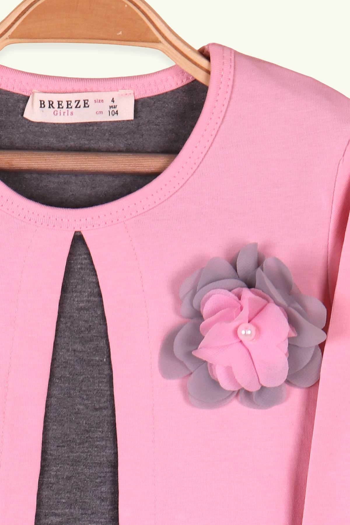 Breeze Kız Çocuk Uzun Kollu Elbise Ceketli Çizgili Çiçekli Füme (4-8 Yaş)