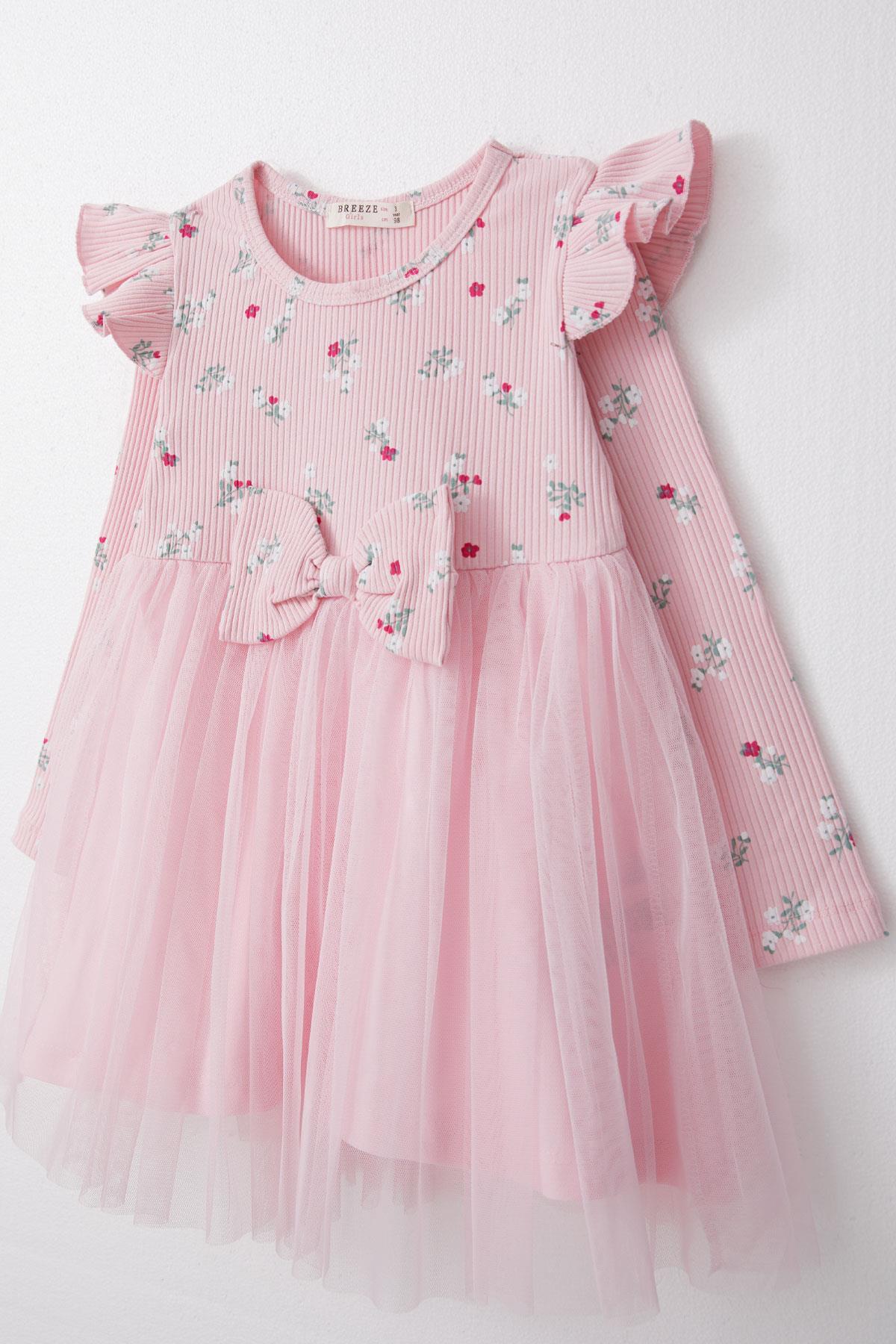 Breeze Kız Çocuk Uzun Kollu Elbise Çiçekli Fiyonklu Tüllü Pembe (1.5-5 Yaş)