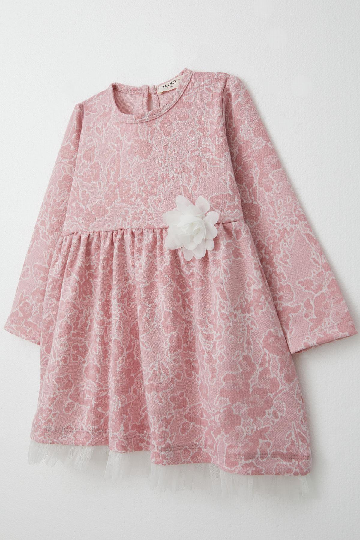 Breeze Kız Çocuk Uzun Kollu Elbise Çiçek Desenli Gülkurusu (3-7 Yaş)