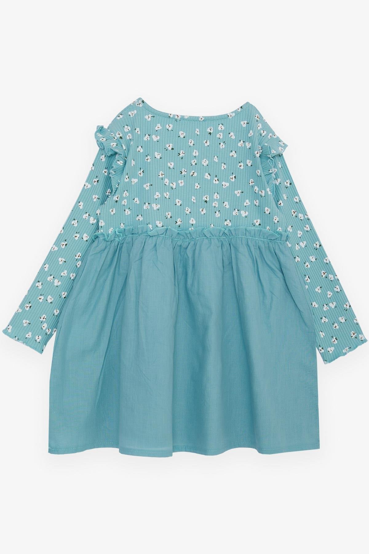 Breeze Kız Çocuk Uzun Kollu Elbise Çiçek Desenli Düğmeli Omzu Fırfırlı Su Yeşili (2-6 Yaş)