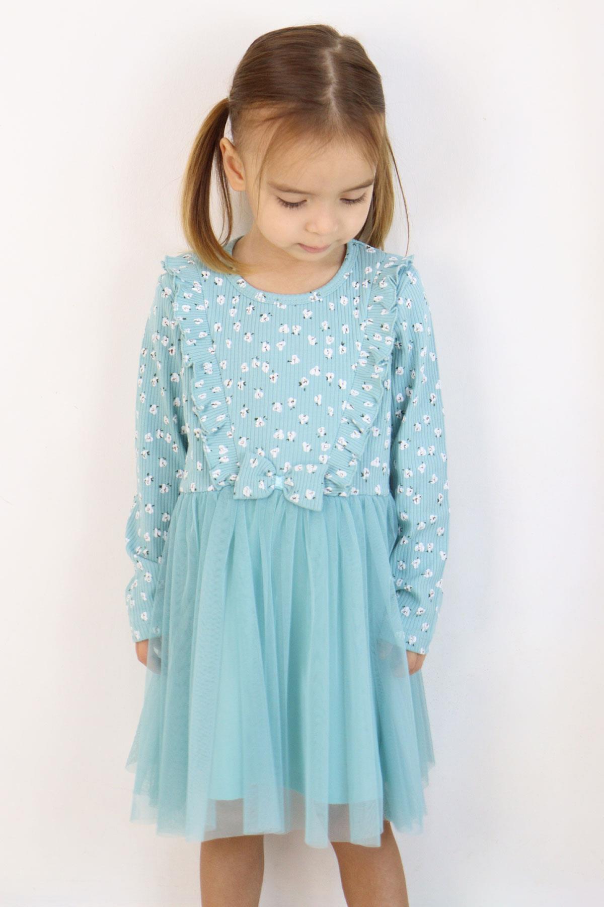 Breeze Kız Çocuk Uzun Kollu Elbise Çiçek Desenli Fırfırlı Fiyonklu Su Yeşili (3-5 Yaş)