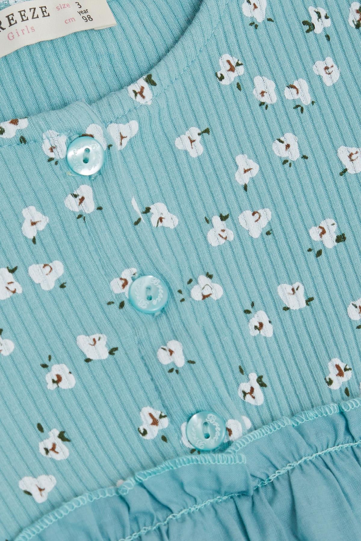 Breeze Kız Çocuk Uzun Kollu Elbise Çiçek Desenli Düğmeli Omzu Fırfırlı Su Yeşili (2-6 Yaş)