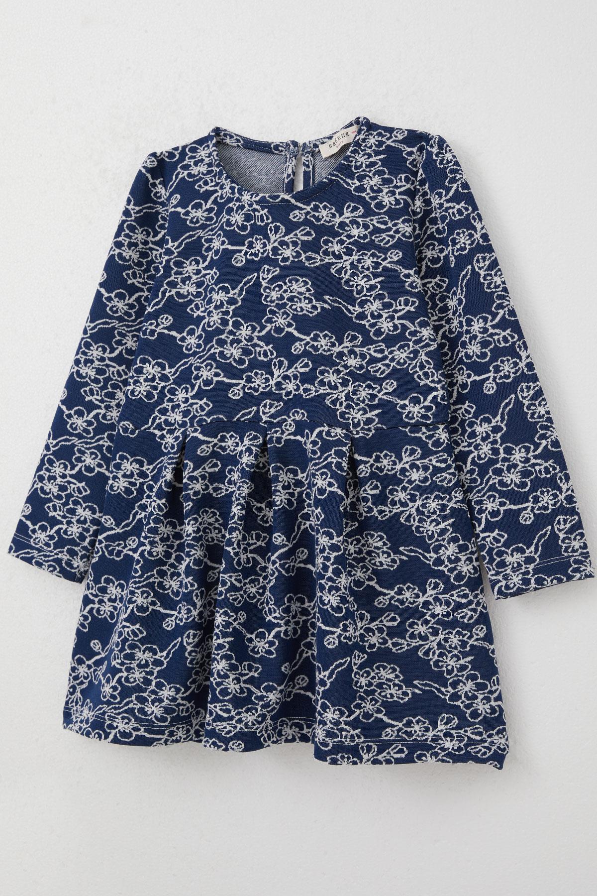 Breeze Kız Çocuk Uzun Kollu Elbise Çiçek Desenli Lacivert (1.5-5 Yaş)