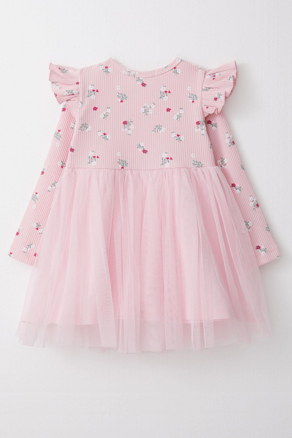 Breeze Kız Çocuk Uzun Kollu Elbise Çiçekli Fiyonklu Tüllü Pembe (1.5-5 Yaş)