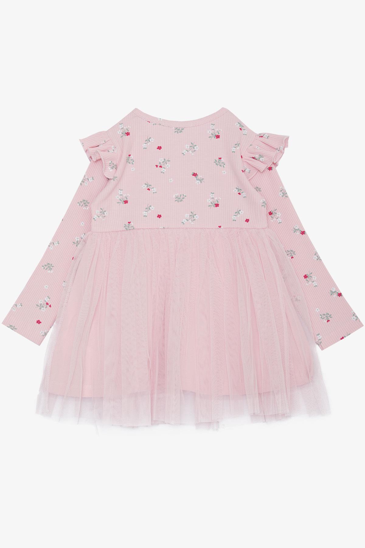 Breeze Kız Çocuk Uzun Kollu Elbise Çiçek Desenli Fırfırlı Fiyonklu Pembe (3-7 Yaş)