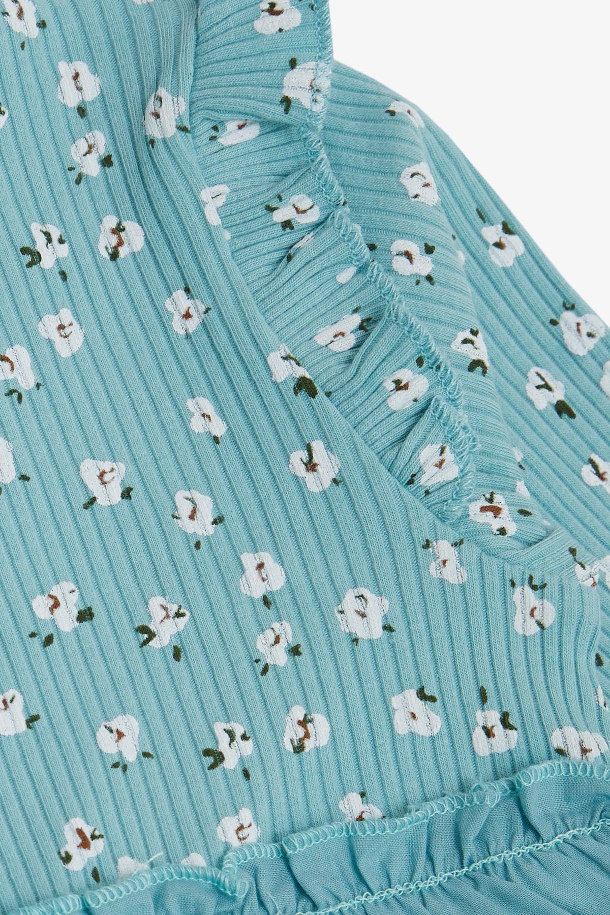 Breeze Kız Çocuk Uzun Kollu Elbise Çiçek Desenli Düğmeli Omzu Fırfırlı Su Yeşili (2-6 Yaş)