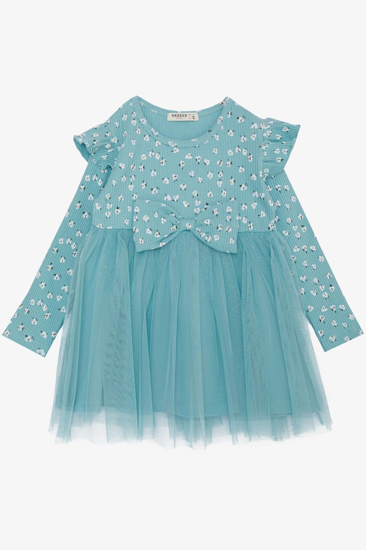 Breeze Kız Çocuk Uzun Kollu Elbise Çiçek Desenli Fırfırlı Fiyonklu Su Yeşili (3-5 Yaş)