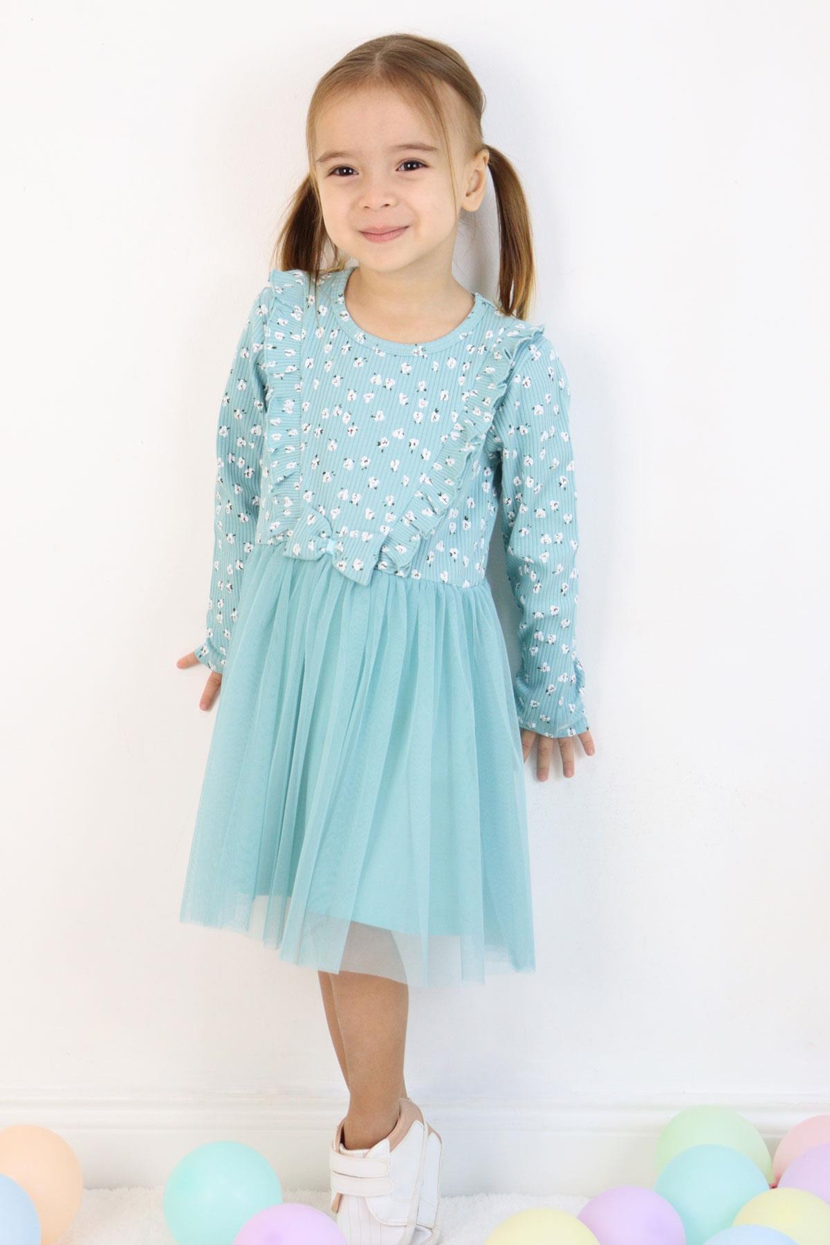 Breeze Kız Çocuk Uzun Kollu Elbise Çiçek Desenli Fırfırlı Fiyonklu Su Yeşili (3-5 Yaş)