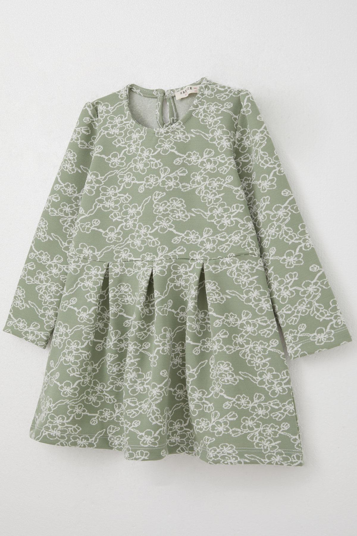 Breeze Kız Çocuk Uzun Kollu Elbise Çiçek Desenli Mint Yeşili (1.5-5 Yaş)