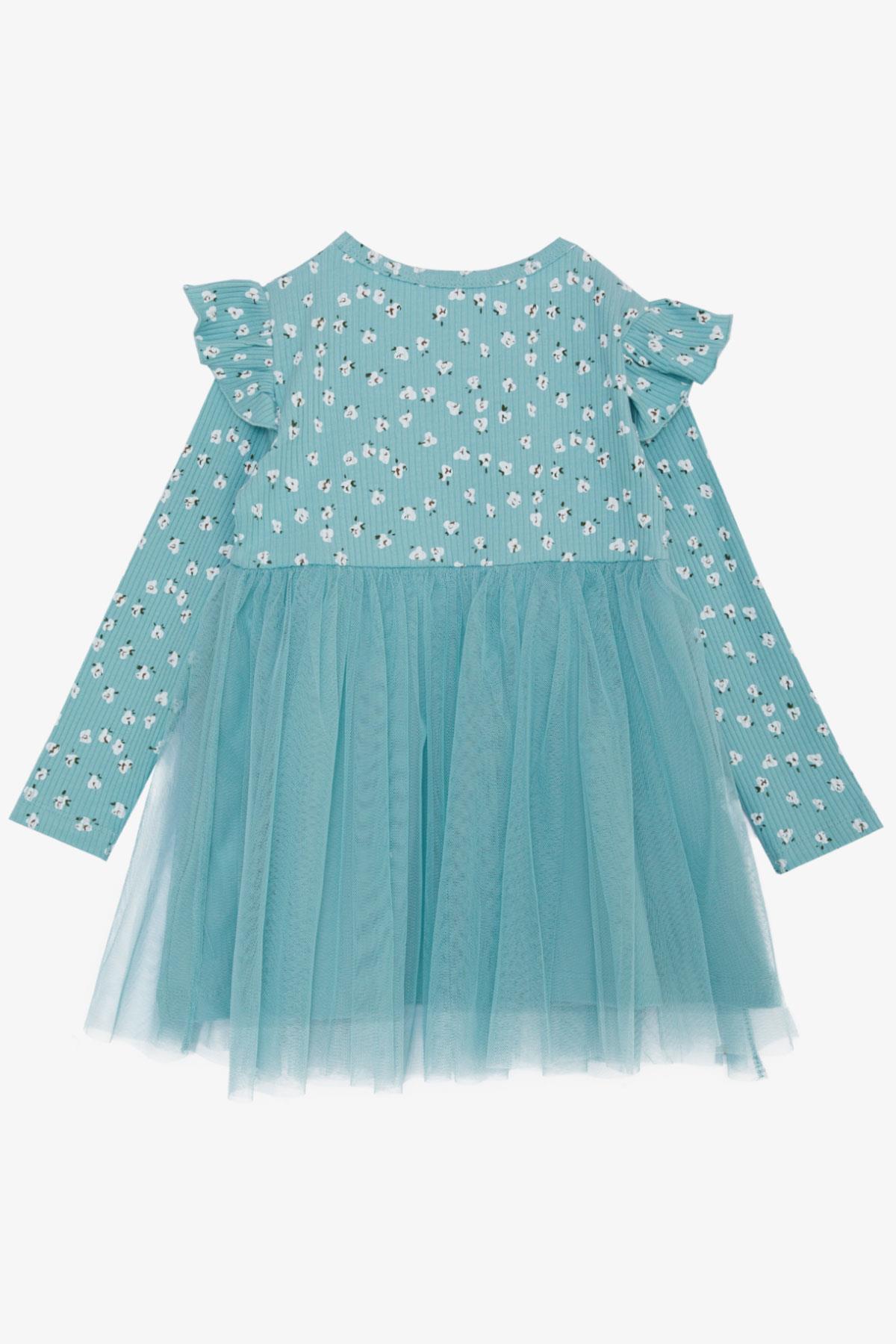 Breeze Kız Çocuk Uzun Kollu Elbise Çiçek Desenli Fırfırlı Fiyonklu Su Yeşili (3-5 Yaş)