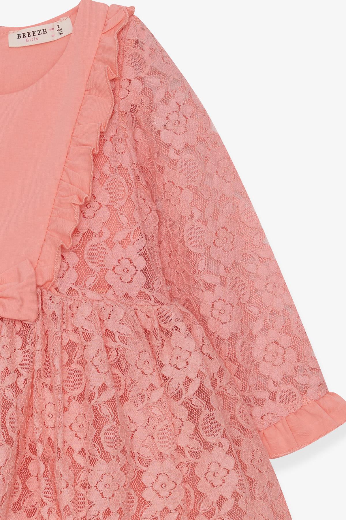 Breeze Kız Çocuk Uzun Kollu Elbise Dantelli Fiyonklu Somon (2-5 Yaş)