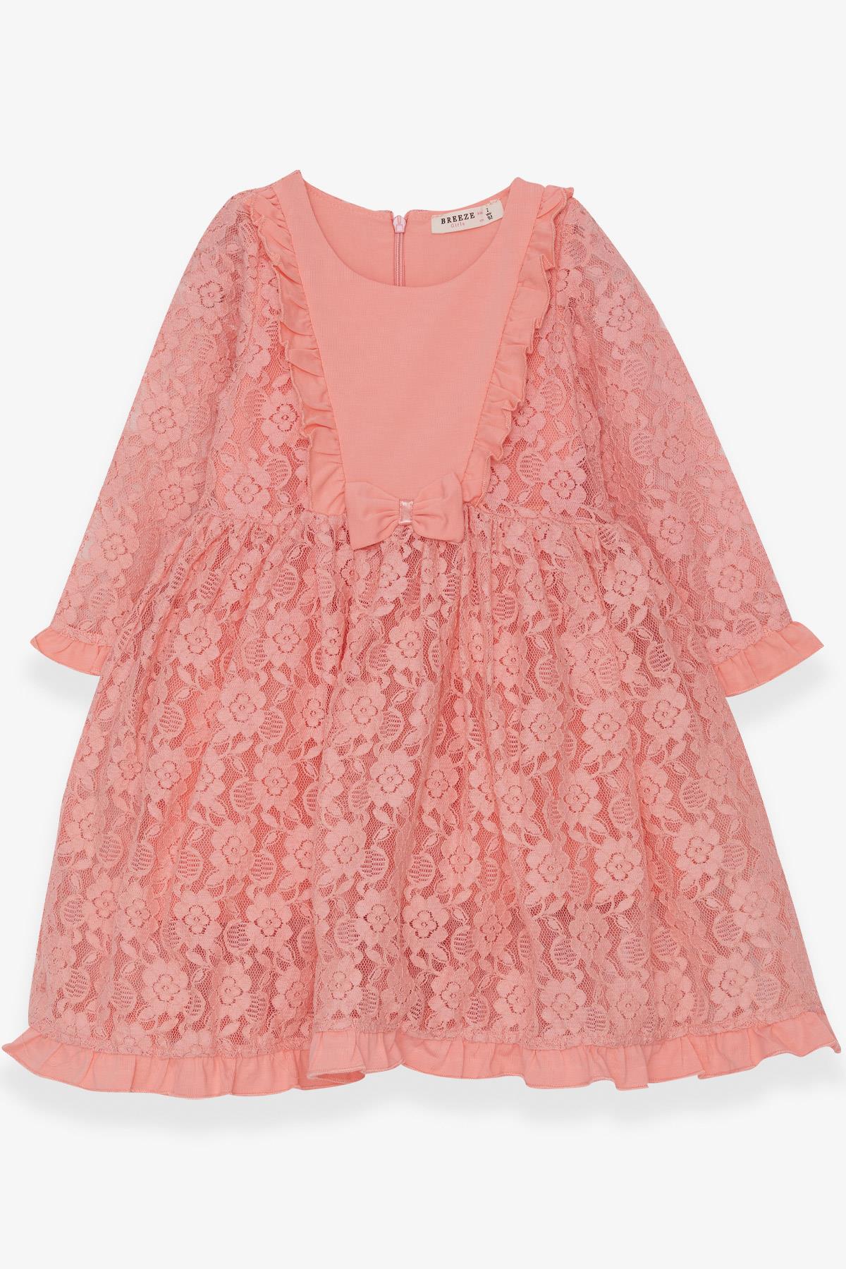 Breeze Kız Çocuk Uzun Kollu Elbise Dantelli Fiyonklu Somon (2-5 Yaş)