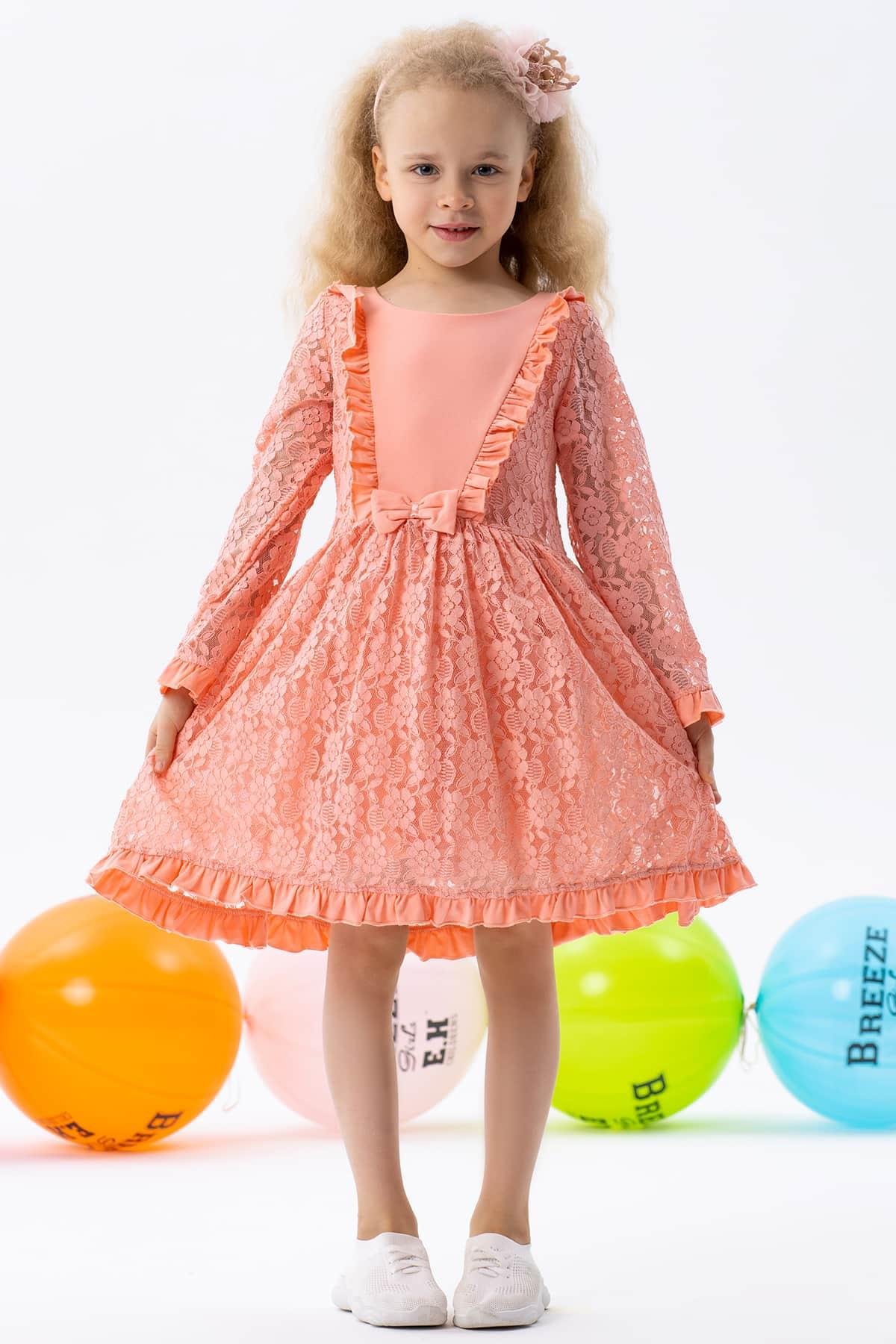 Breeze Kız Çocuk Uzun Kollu Elbise Dantelli Fiyonklu Somon (2-5 Yaş)