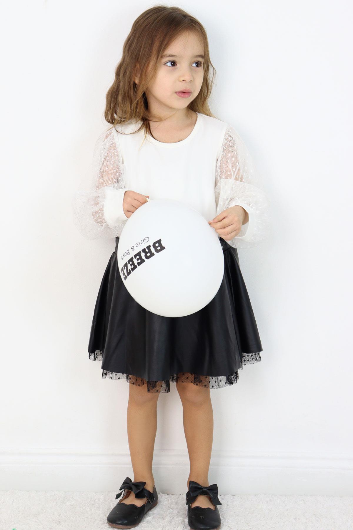 Breeze Kız Çocuk Uzun Kollu Elbise Etek Kısmı Deri Kolları Tül Detaylı Ekru (3-5 Yaş)