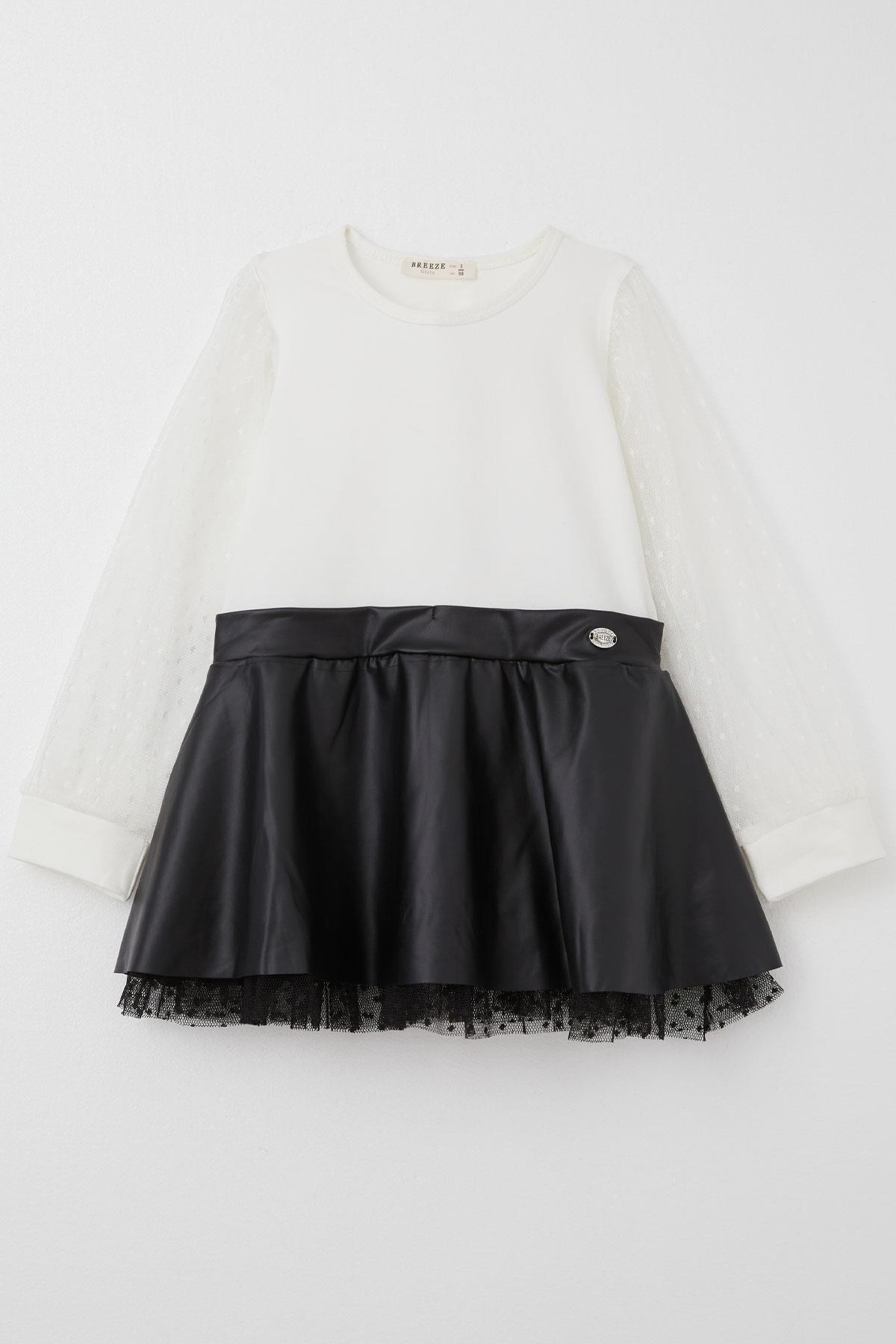 Breeze Kız Çocuk Uzun Kollu Elbise Etek Kısmı Deri Kolları Tül Detaylı Ekru (3-5 Yaş)