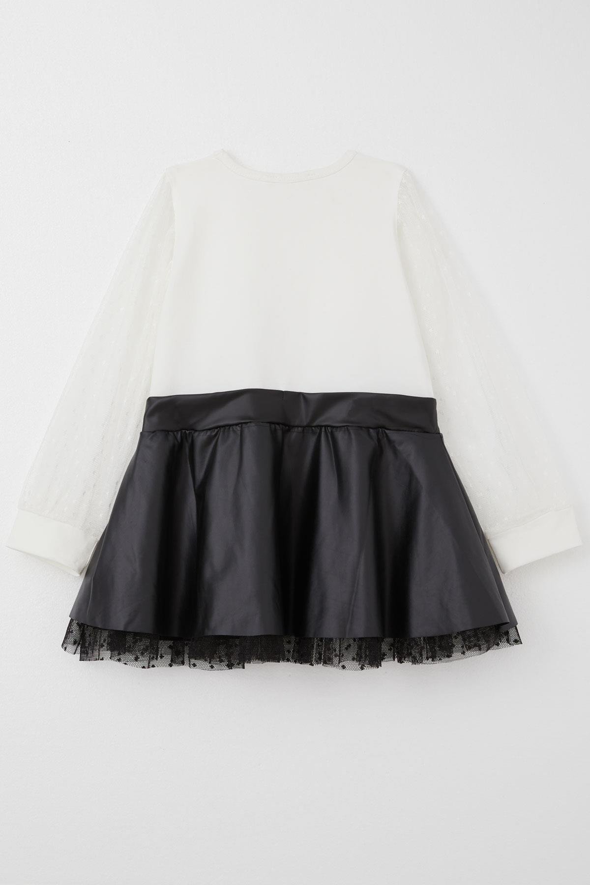 Breeze Kız Çocuk Uzun Kollu Elbise Etek Kısmı Deri Kolları Tül Detaylı Ekru (3-5 Yaş)